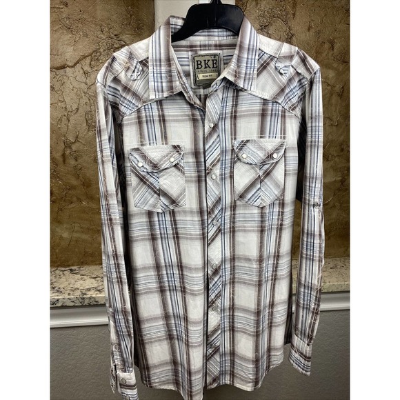 BKE Mens Large Brown‎ Blue White Plaid Long Sleeve Slim Fit White Pearl Snaps - Picture 1 of 8